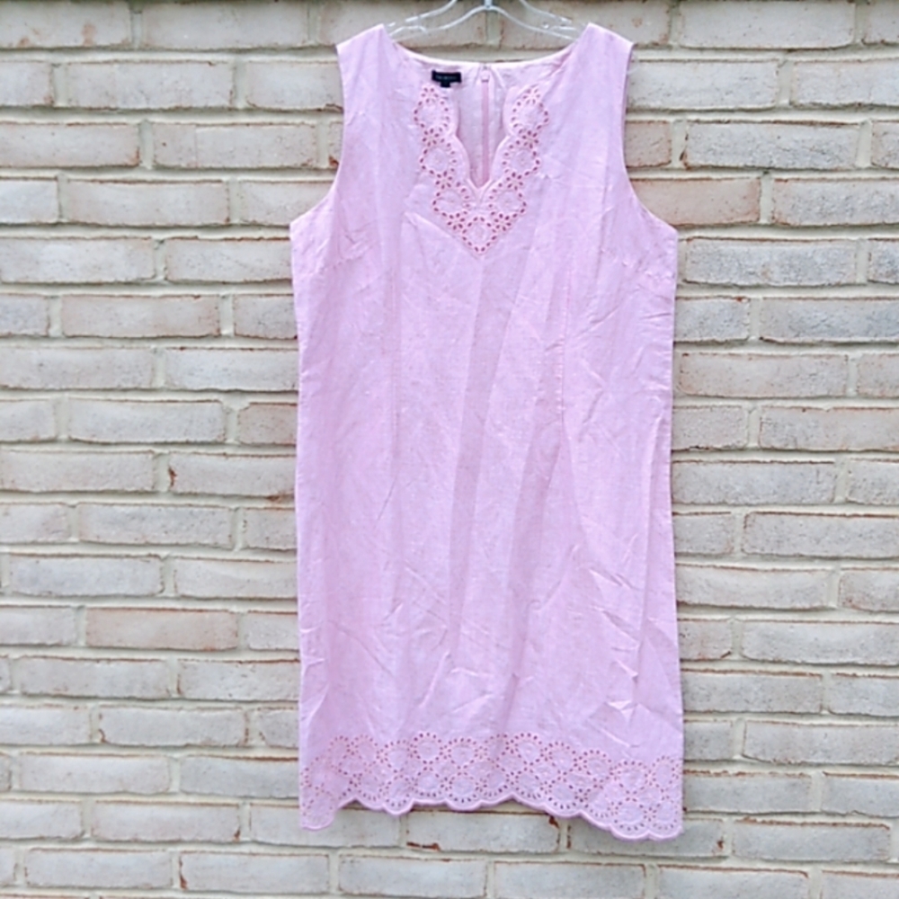 Talbots | pink linen blend Sleeveless Sheath Dress eyelet cutout detail size 10